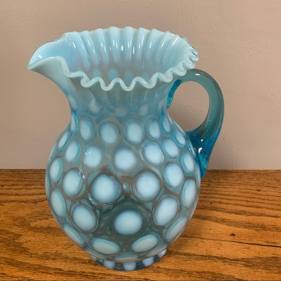 Vintage Opalescent Blue Coin Dot Ruffled Pitcher Collectible Glass - Picture 1 of 11